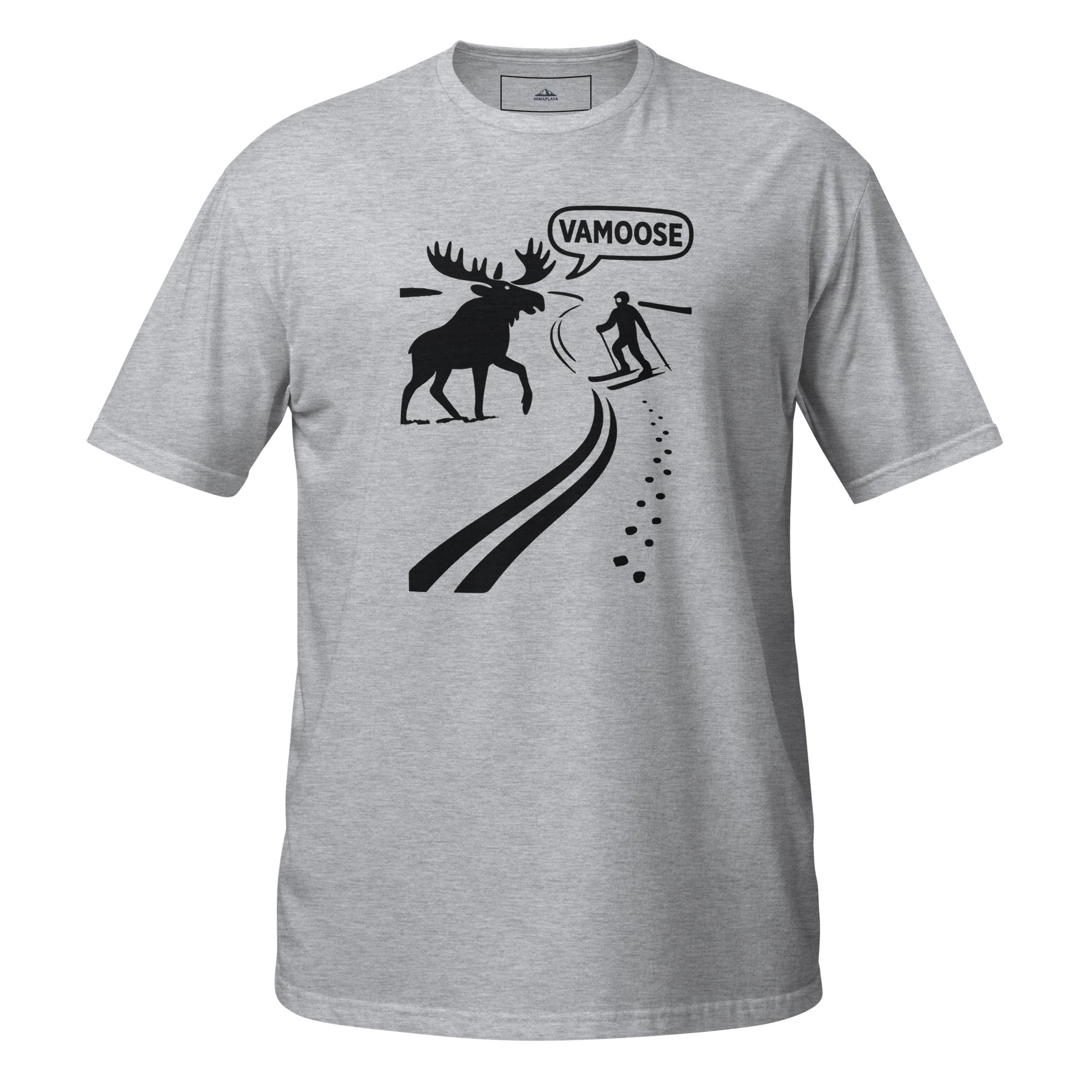 Gray t-shirt with a graphic of a moose and skier, and 'Vamoose' text on a white background.