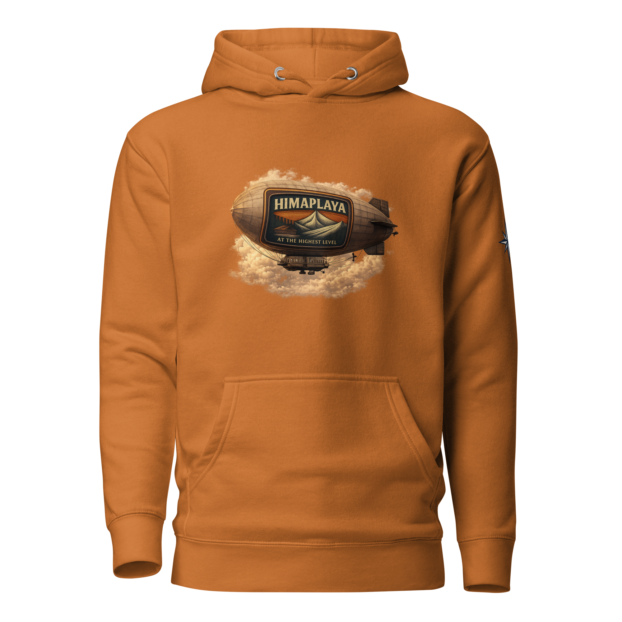 Orange hoodie with a HIMAPLAYA logo on the chest