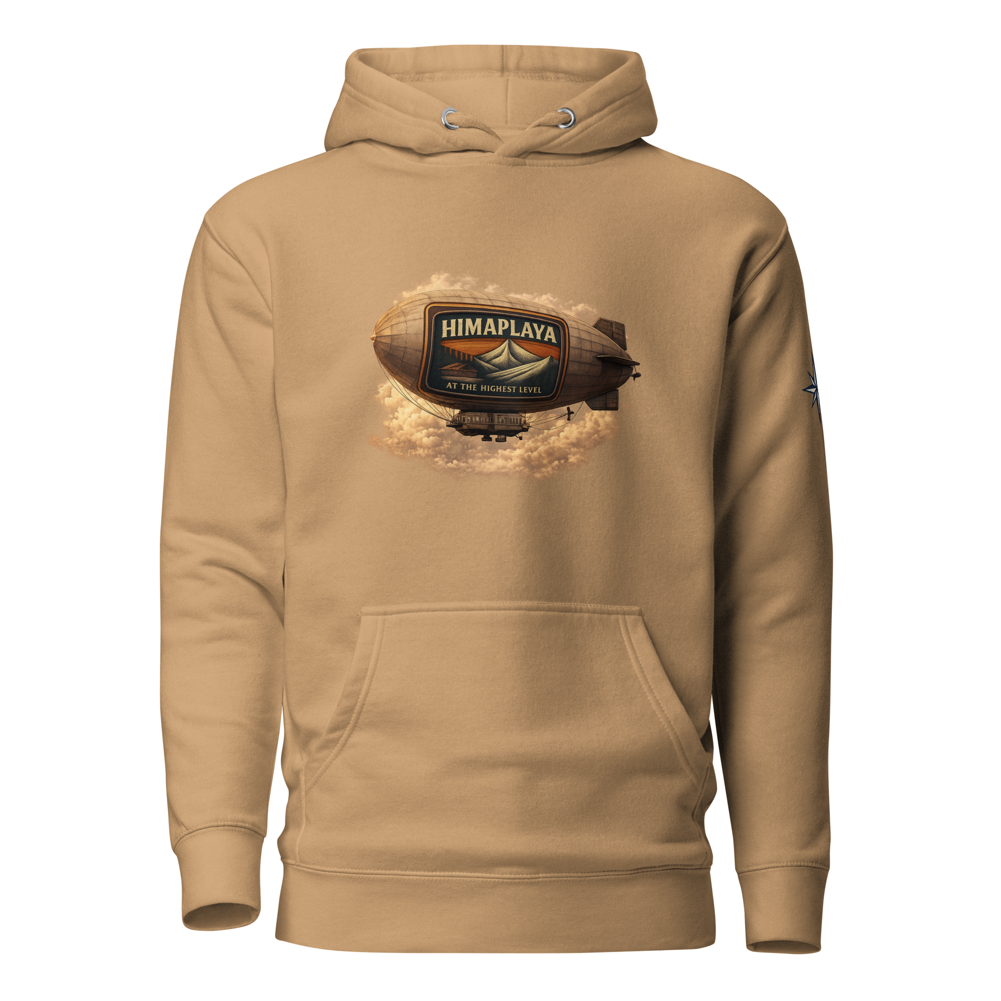 Beige hoodie with a HIMAPLAYA logo on the chest 