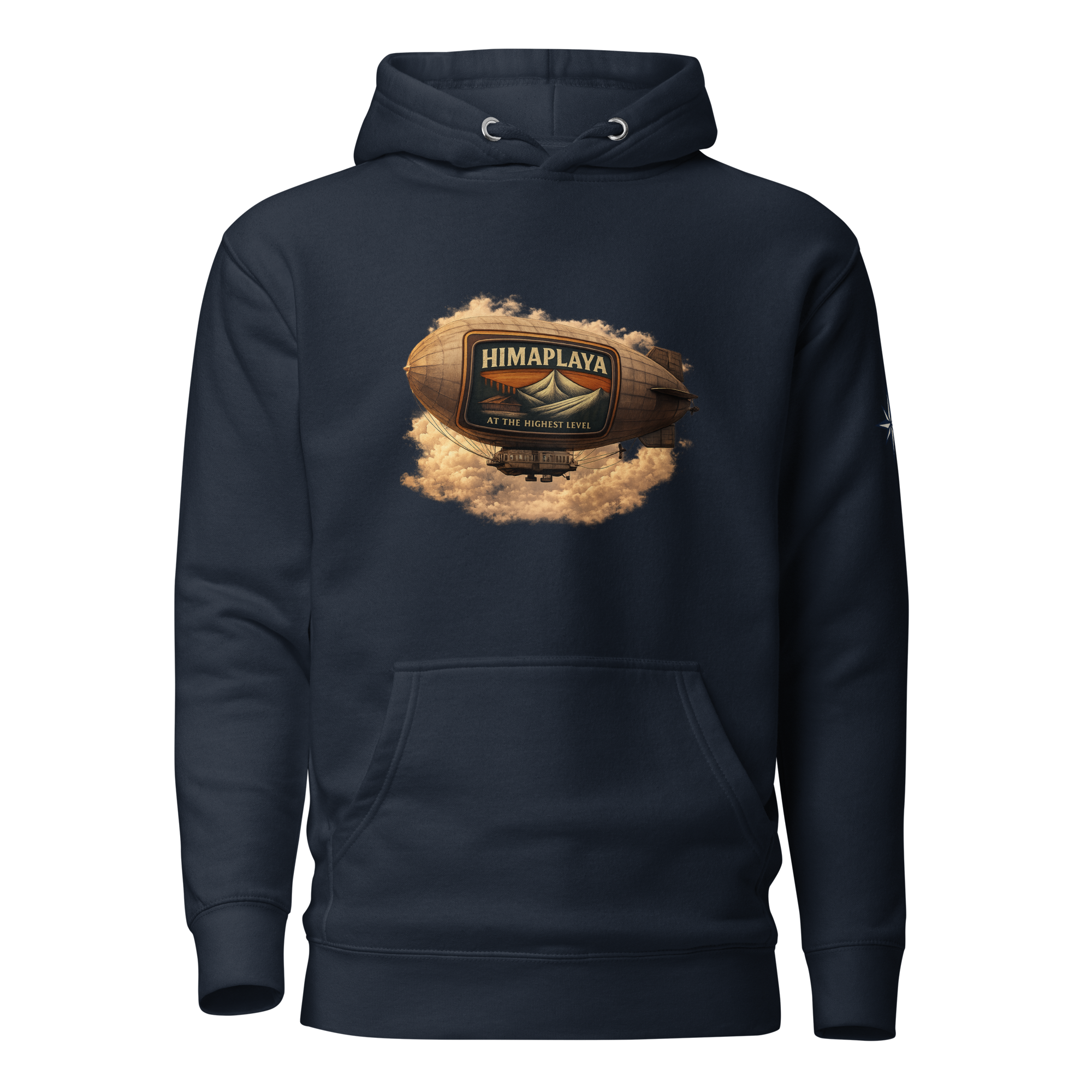 Navy blue hoodie with a HIMAPLAYA logo on