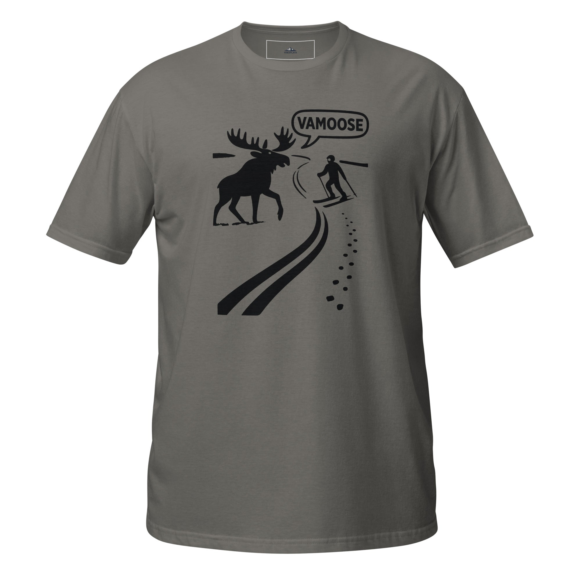 Charcoal t-shirt with black graphic design featuring a moose and skier, and the word 'VAMOOSE'.