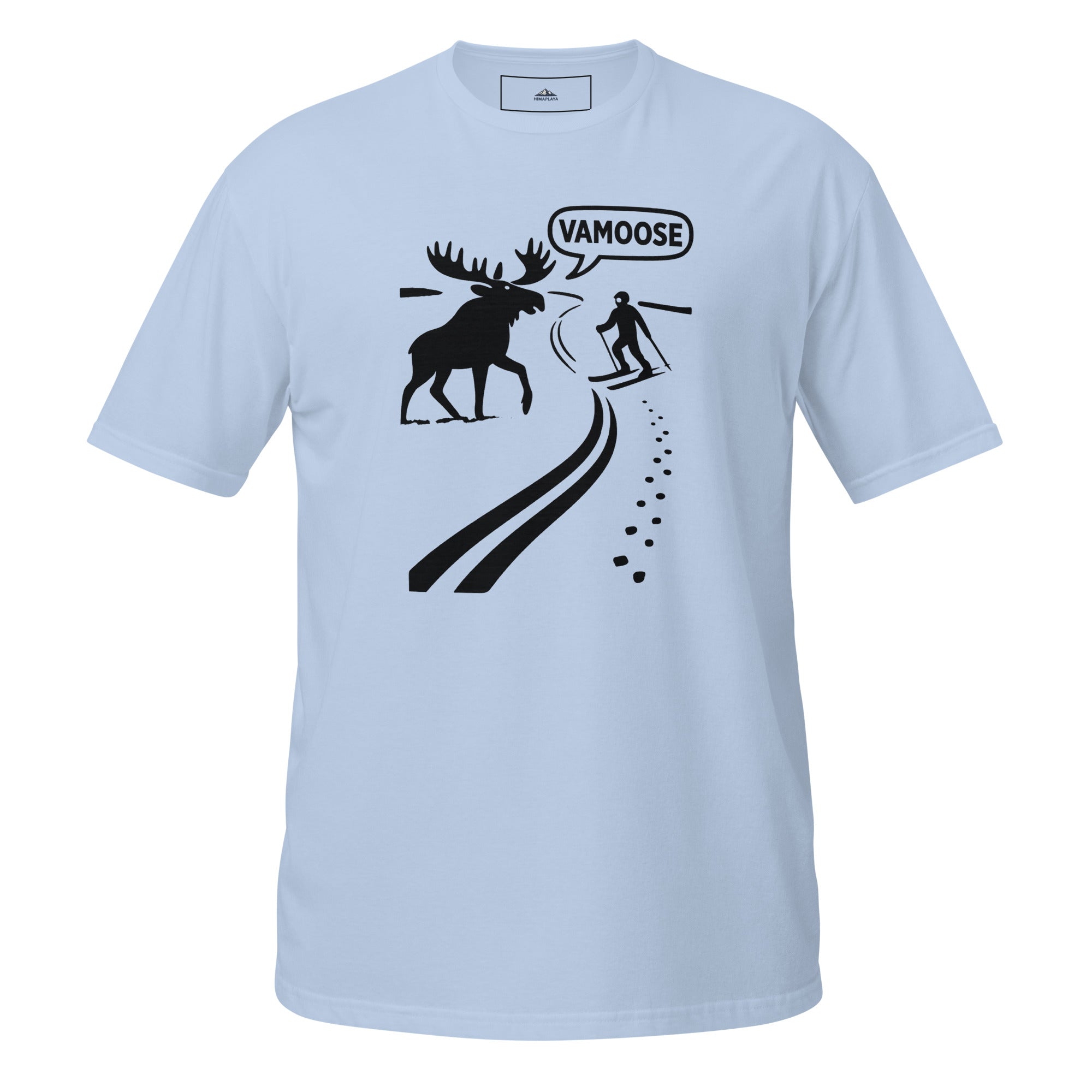 Light blue t-shirt with black graphic of a moose and skier, and 'VAMOOSE' text on a white background.