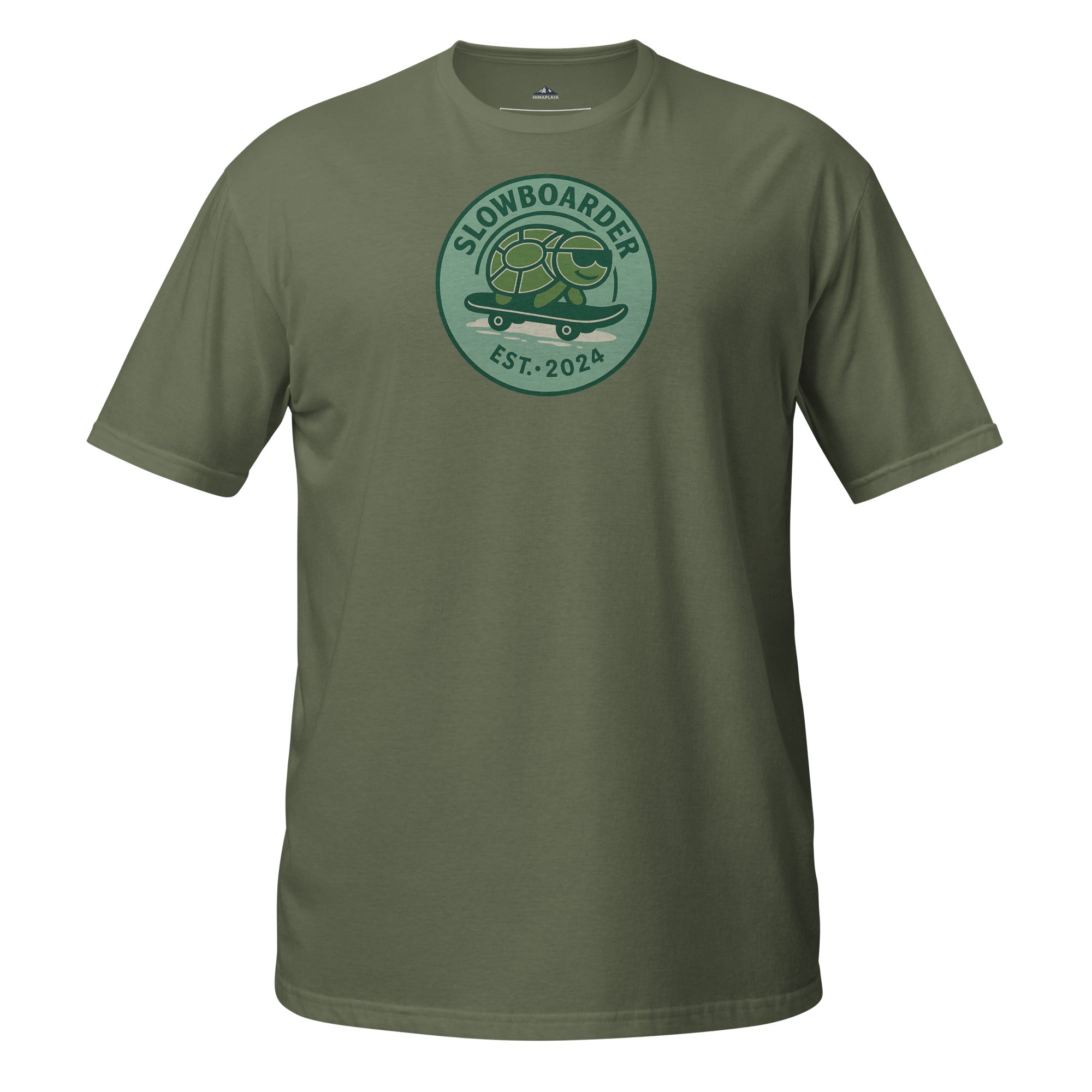 Green t-shirt with 'SLOWBOARDER' logo on a white background