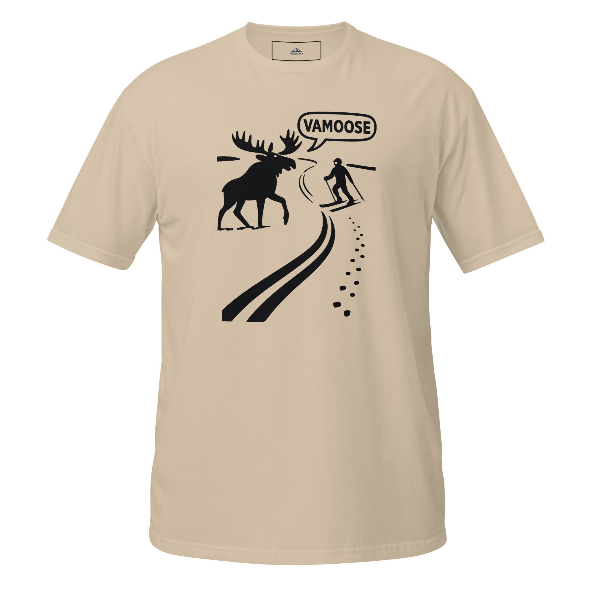 Beige (Sand) t-shirt with black graphic of a moose and skier, and 'VAMOOSE' text on a white background.